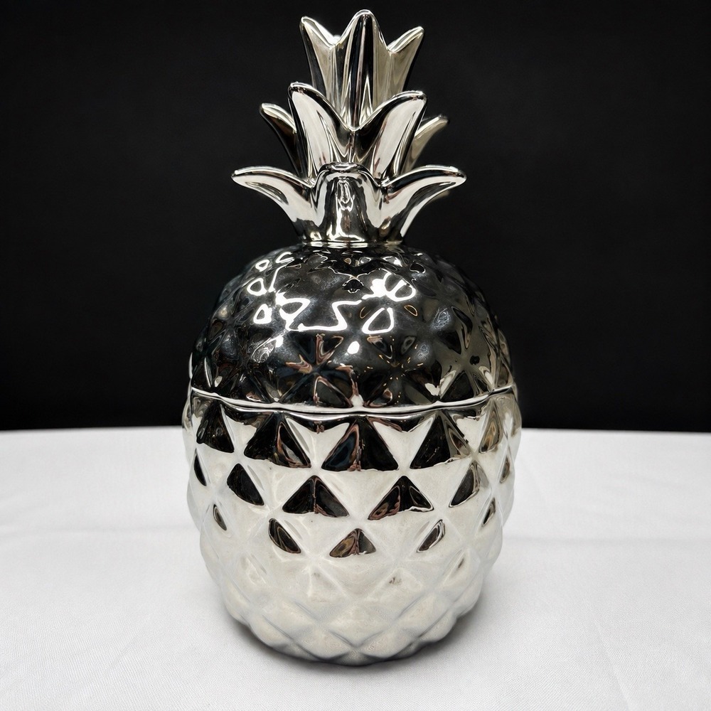 222 Fifth Hala Kahiki Silver Metalic  Pineapple Ceramic Lidded Canister Jar 8"